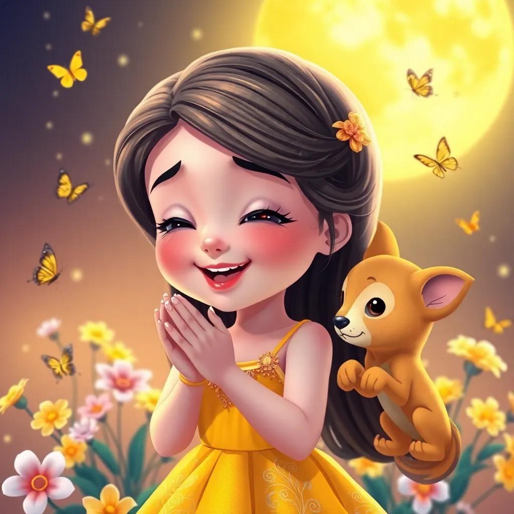 Luna, una niña con cabello rizado y vestido amarillo, sonriendo mientras aplaude al pequeño lobo, rodeada de flores brillantes y mariposas, ilustración colorida, alegre, estilo infantil, alta calidad