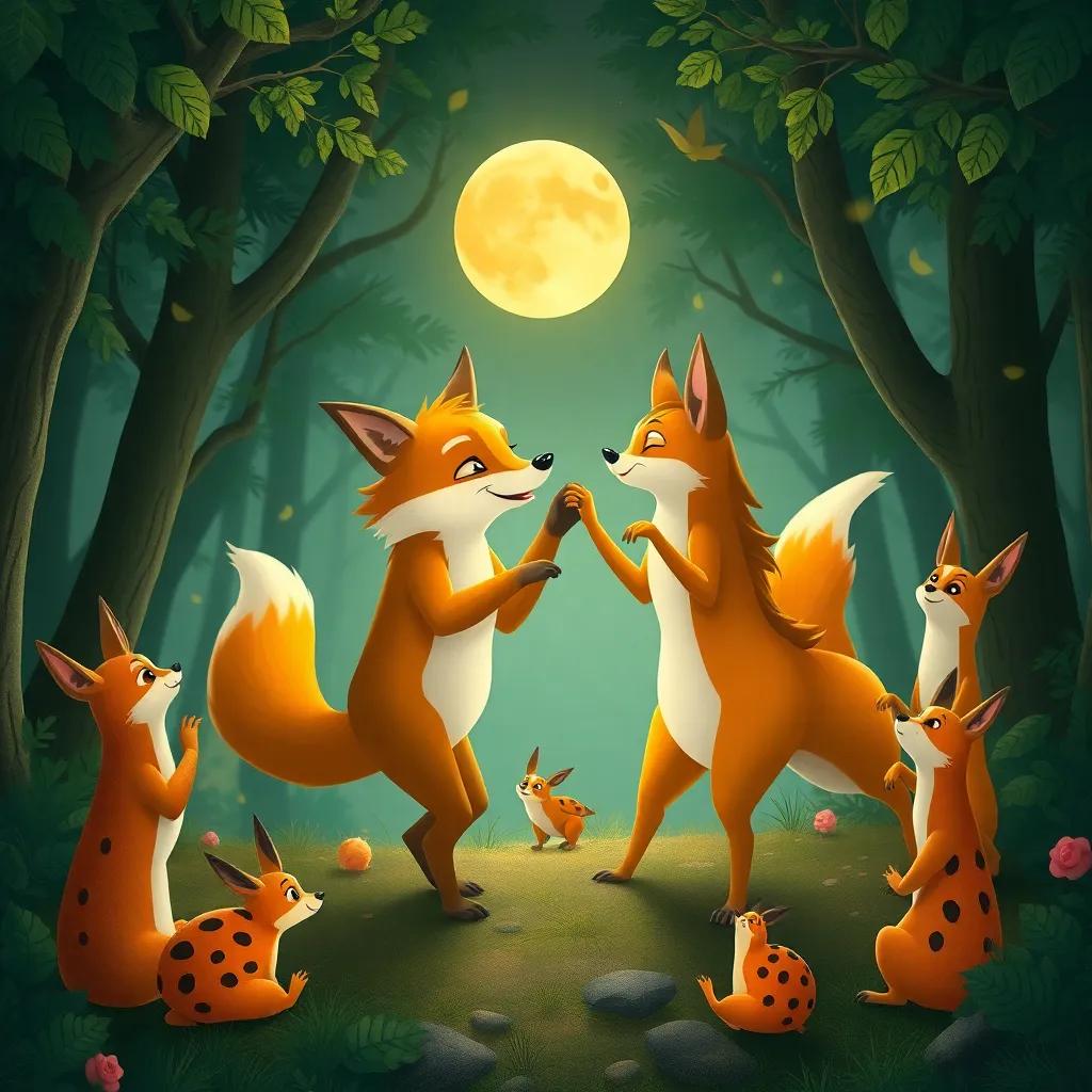 El pequeño lobo y Luna bailando juntos en un claro del bosque, rodeados de animales curiosos como ciervos y conejos, disfrutando de la música del bosque, ilustración, divertida, celebración, alta calidad