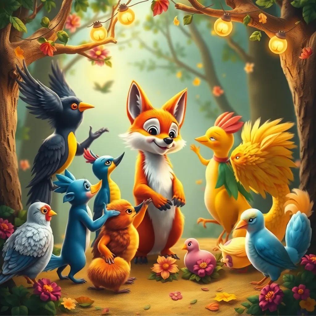 Varias criaturas del bosque, incluidas ardillas y aves, bailando en un círculo alrededor del pequeño lobo y Luna, todos felices, con decoración de flores y hojas, arte digital, colorido, festivo