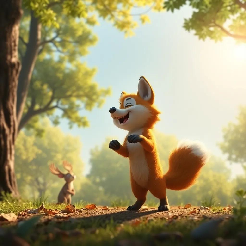 El pequeño lobo sonriendo mientras enseña a sus amigos del bosque a bailar, con un fondo lleno de árboles y el sol brillando, imagen viva, positiva, alta calidad