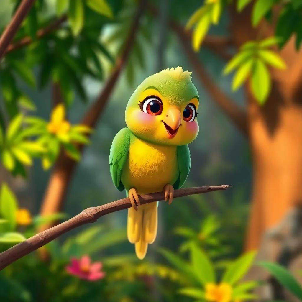 A small green and yellow parrot named Coco, perched on a branch in a colorful forest, with bright eyes and a playful expression, digital art, vibrant colors, cheerful atmosphere, high quality
