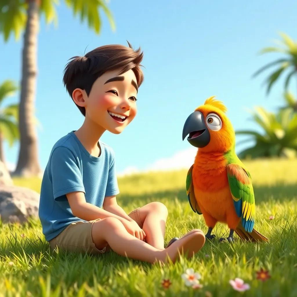 A young boy named Pablo, with short brown hair, wearing a blue t-shirt and shorts, sitting with Coco the parrot on the grass, laughing and teaching him words, sunny day, warm light, playful scene, child-friendly