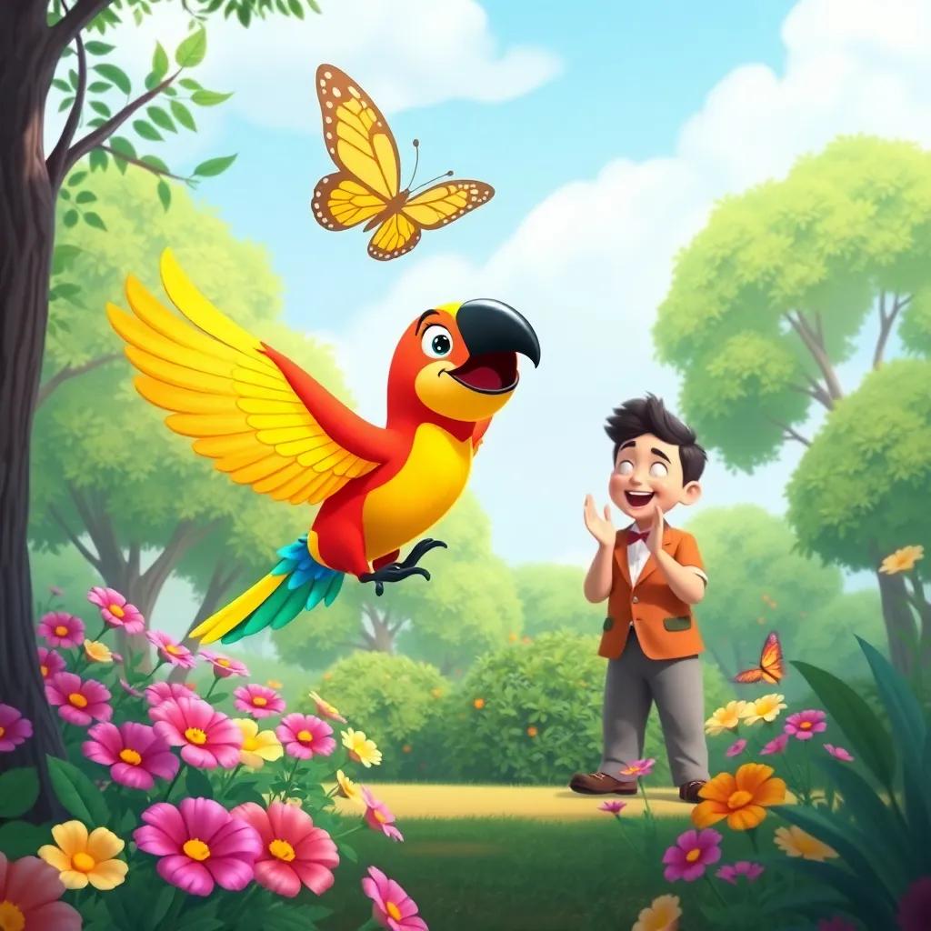 Coco the parrot flying happily towards a bright butterfly in a park, with trees and flowers around, Pablo cheering and clapping in the background, illustration, colorful, joyful mood, vibrant