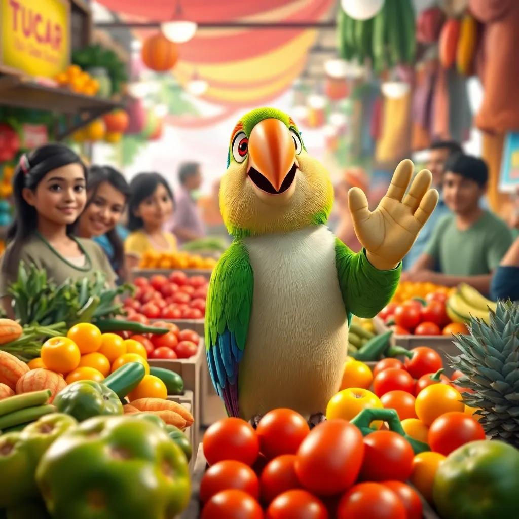Coco the parrot waving at people in a bustling market, colorful fruits and vegetables all around, with smiling faces admiring the little parrot, lively atmosphere, detailed, cheerful
