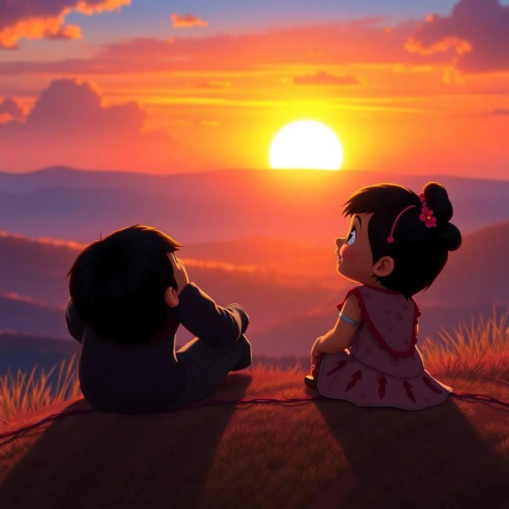 Coco and Pablo sitting together on a hill at sunset, watching the sun dip below the horizon, both smiling at each other, a beautiful friendship depicted, warm colors, heartwarming scene, high quality