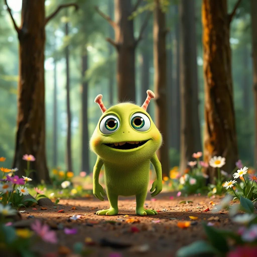 A small friendly monster, Max, with bright big eyes and soft green skin, standing in an enchanted forest filled with tall trees and colorful flowers, joyful atmosphere, digital art, vibrant colors, engaging perspective, high quality