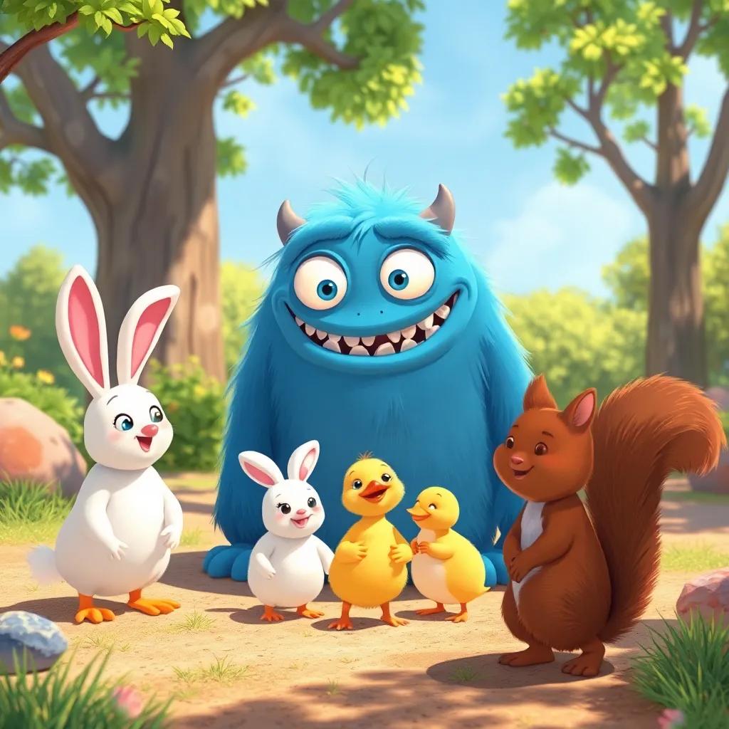 Max the friendly monster, looking shy as he approaches a group of happy animals including a white bunny, a yellow duckling, and a brown squirrel, in a sunny clearing, cheerful mood, illustration, bright and warm colors, inviting scene