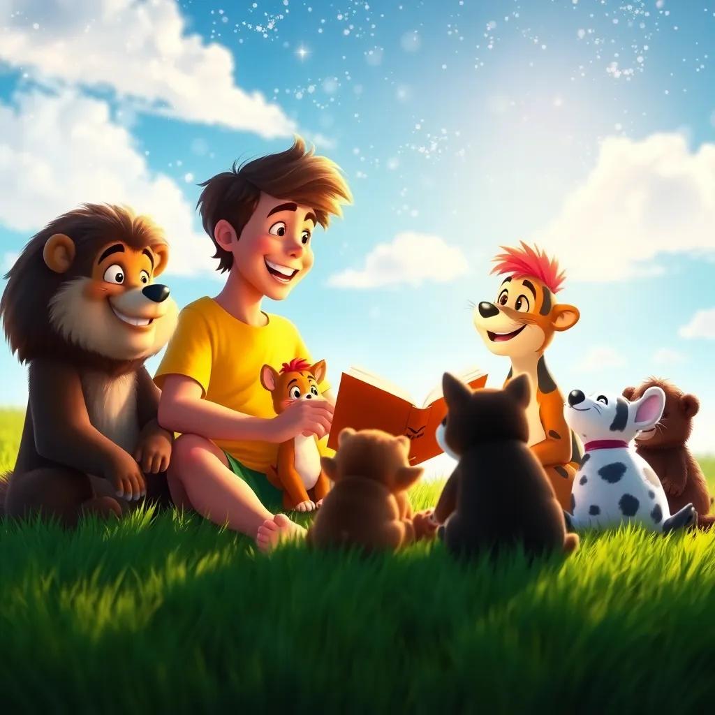 Max sharing his stories with the group of animals, all sitting together on lush green grass under a sparkling blue sky, laughter and fun in the air, colorful digital painting, warm and friendly vibe, high detail