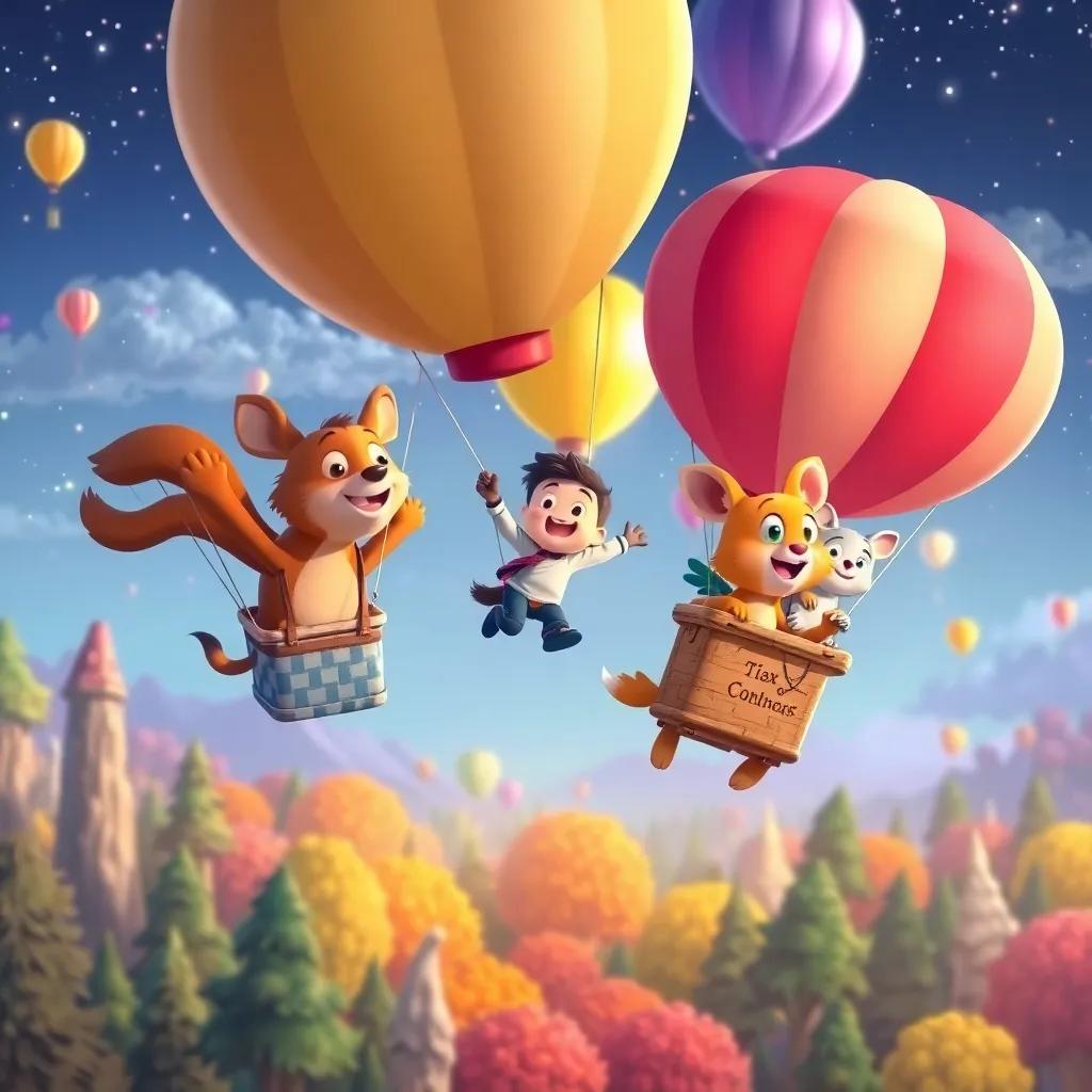 Max and his animal friends flying in colorful balloons over the magical forest, all happy and excited, the scene filled with joy and adventure, bright and whimsical illustration, enchanting colors, fun perspective