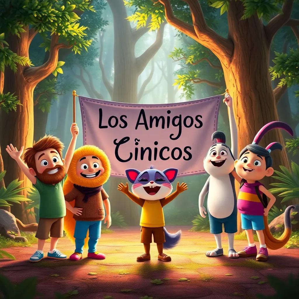 Max and his friends proudly presenting their club banner 'Los Amigos Únicos' in the enchanted forest, each character showing their unique traits, heartwarming scene, colorful artwork, uplifting atmosphere, vibrant light