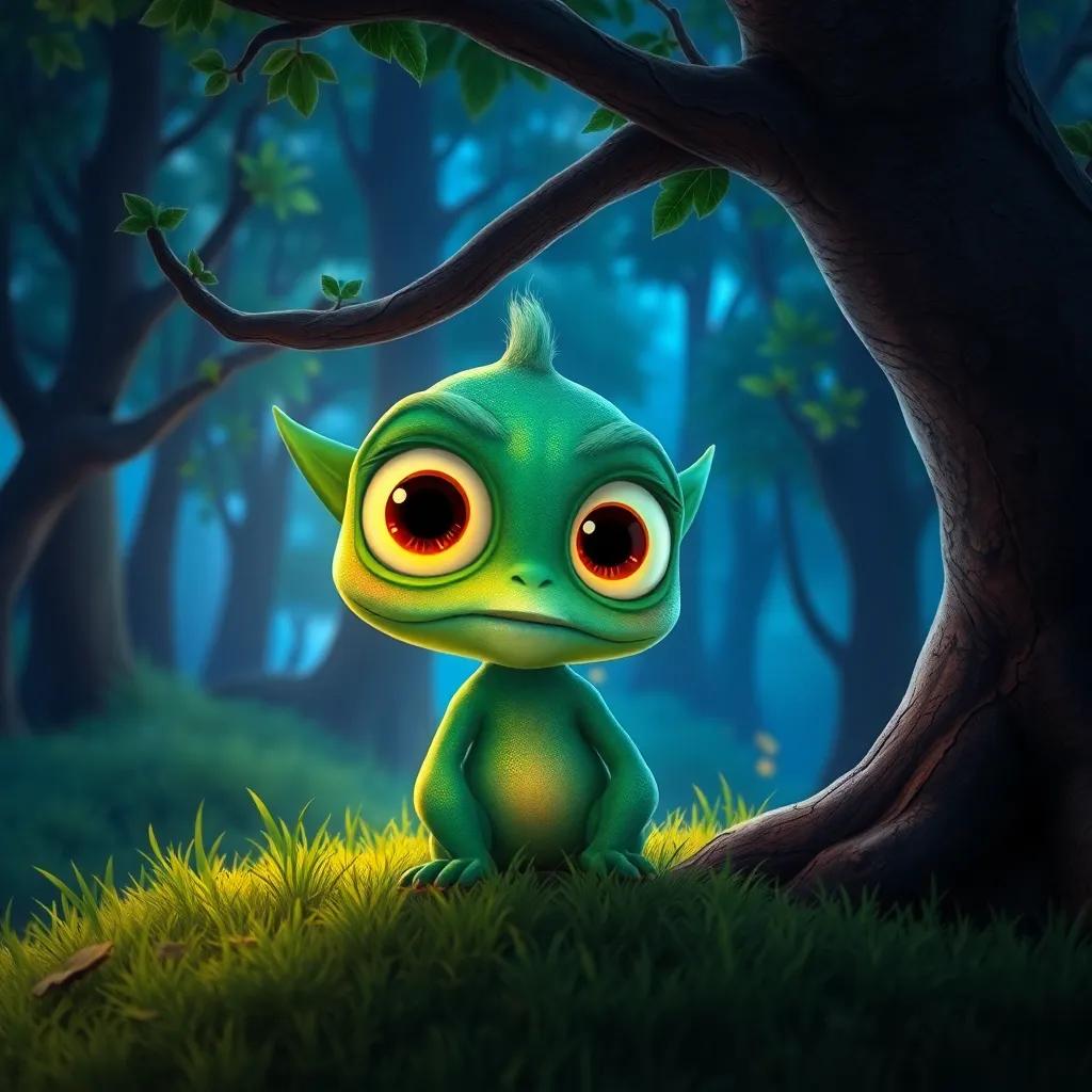 Max, un pequeño monstruo amistoso, con piel verde brillante y grandes ojos amarillos, sentado triste bajo un árbol en un bosque iluminado, digital art, bright colors, whimsical atmosphere, high quality