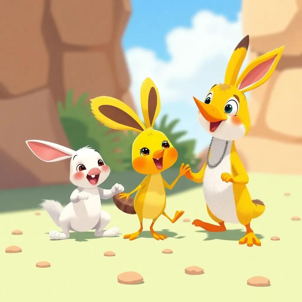 Un grupo de criaturas en un claro: un conejo blanco, una ardilla traviesa y un pato amarillo, jugando y riendo en un día soleado, illustration, cheerful, vibrant colors, child-friendly