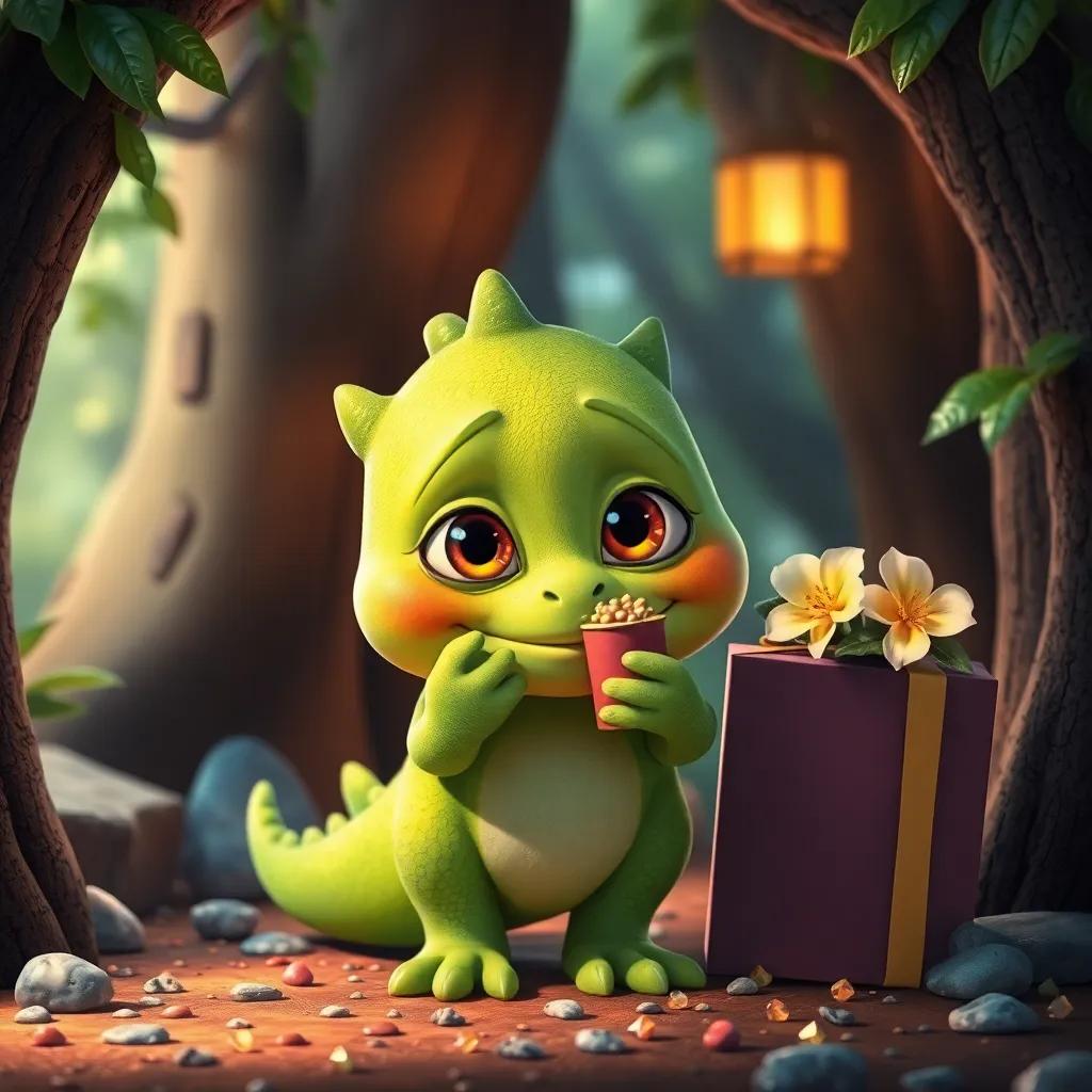 Max, el pequeño monstruo amistoso, con piel verde brillante y ojos amarillos, con los regalos de flores y piedras brillantes en una entrada del bosque, digital art, colorful, inviting atmosphere, high quality