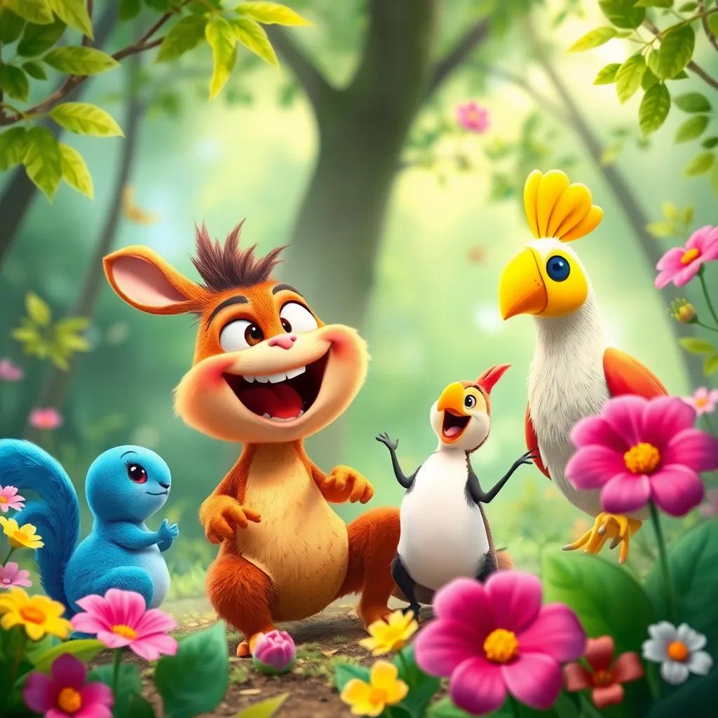 Max, el pequeño monstruo amistoso, jugando felizmente con el conejo, la ardilla y el pato en un claro del bosque, rodeados de flores y hojas, vibrant, colorful, joyful atmosphere, high quality