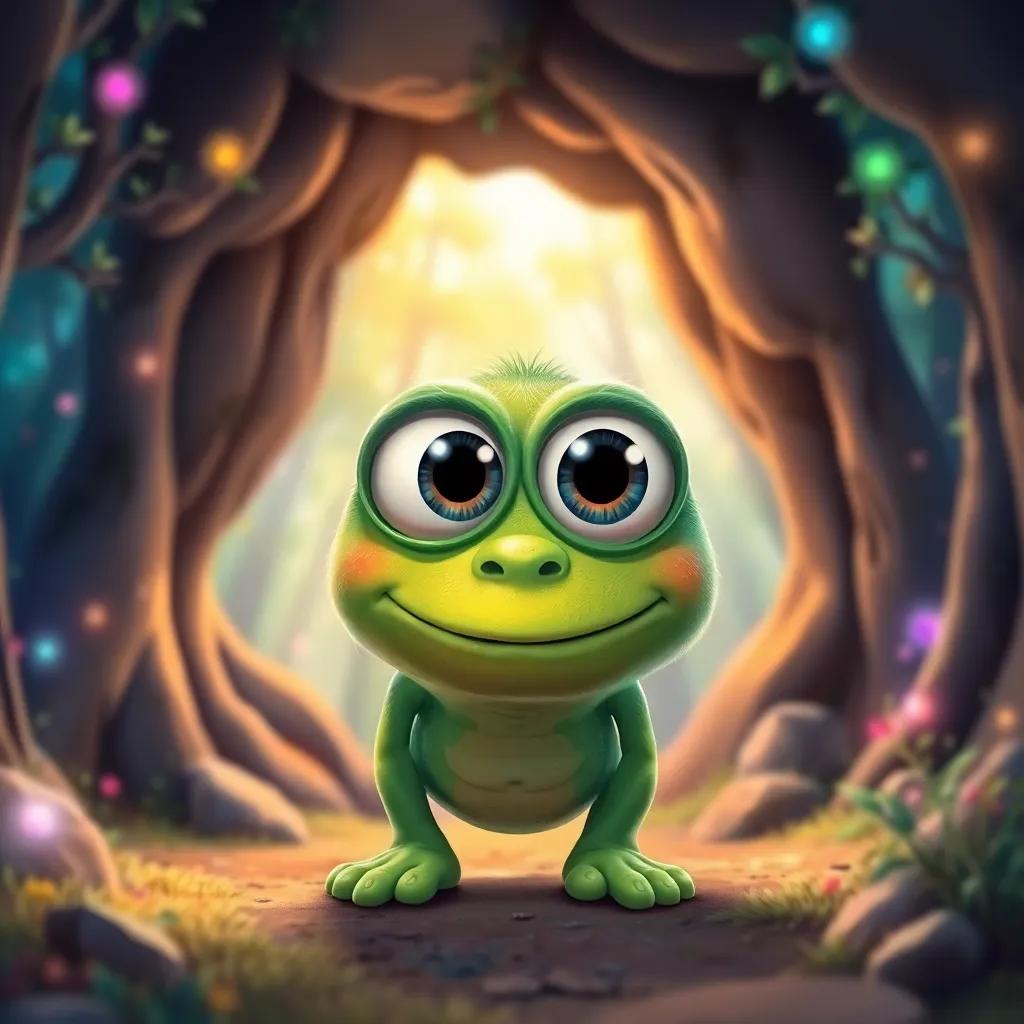 A friendly little green monster with big curious eyes, living in a bright cave in an enchanted forest filled with colorful trees and magical lights, digital art, vibrant colors, whimsical atmosphere, cheerful