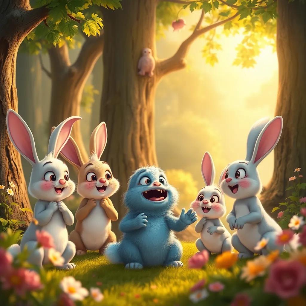 A group of playful rabbits looking surprised at the little monster in the enchanted forest, with trees and flowers around, warm light, playful and joyful, illustration