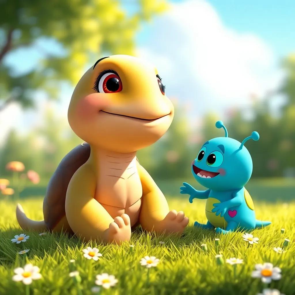 A gentle turtle named Tula smiling at the little monster, sitting on a soft green grass with flowers, in a warm sunny day, cartoon style, friendly scene, engaging