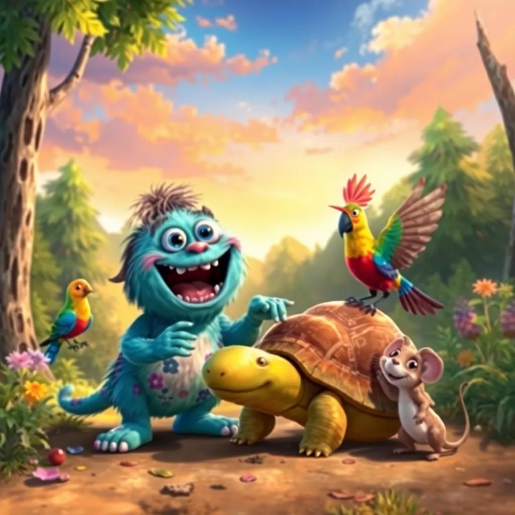 The little monster joyfully playing with Tula the turtle, a colorful bird, and a curious mouse in the forest, with a vibrant sky above, digital painting, colorful, cheerful atmosphere