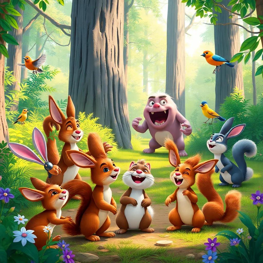 A group of animals, including rabbits, squirrels, and birds, playing and laughing together in a vibrant forest, noticing Max the monster approaching, illustration, cheerful, engaging, child-friendly