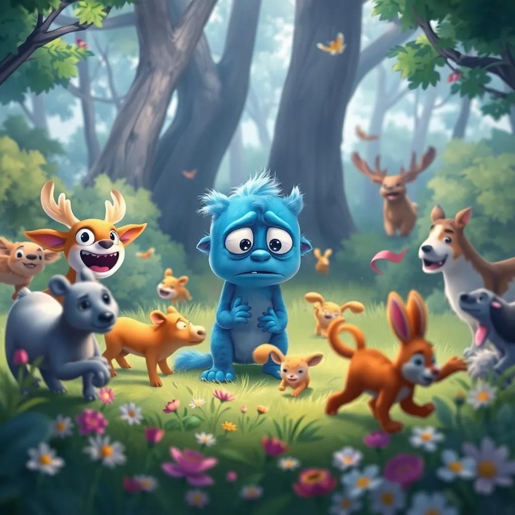 Max the small blue monster looking sad as the animals run away in fright, surrounded by trees and flowers, cartoon style, emotional colors, heartwarming, high quality