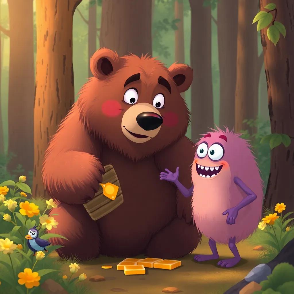 A big furry bear gathering honey in the woods, looking surprised at Max the monster who is approaching and making a friendly gesture, charming and cute, illustration, warm daylight, bright colors