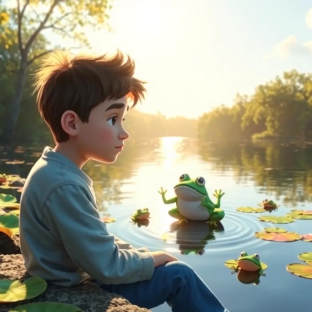 Max sitting by a shimmering lake, feeling down as frogs jump playfully in the water, colorful lily pads around, digital art, warm sunlight, engaging perspective, high quality