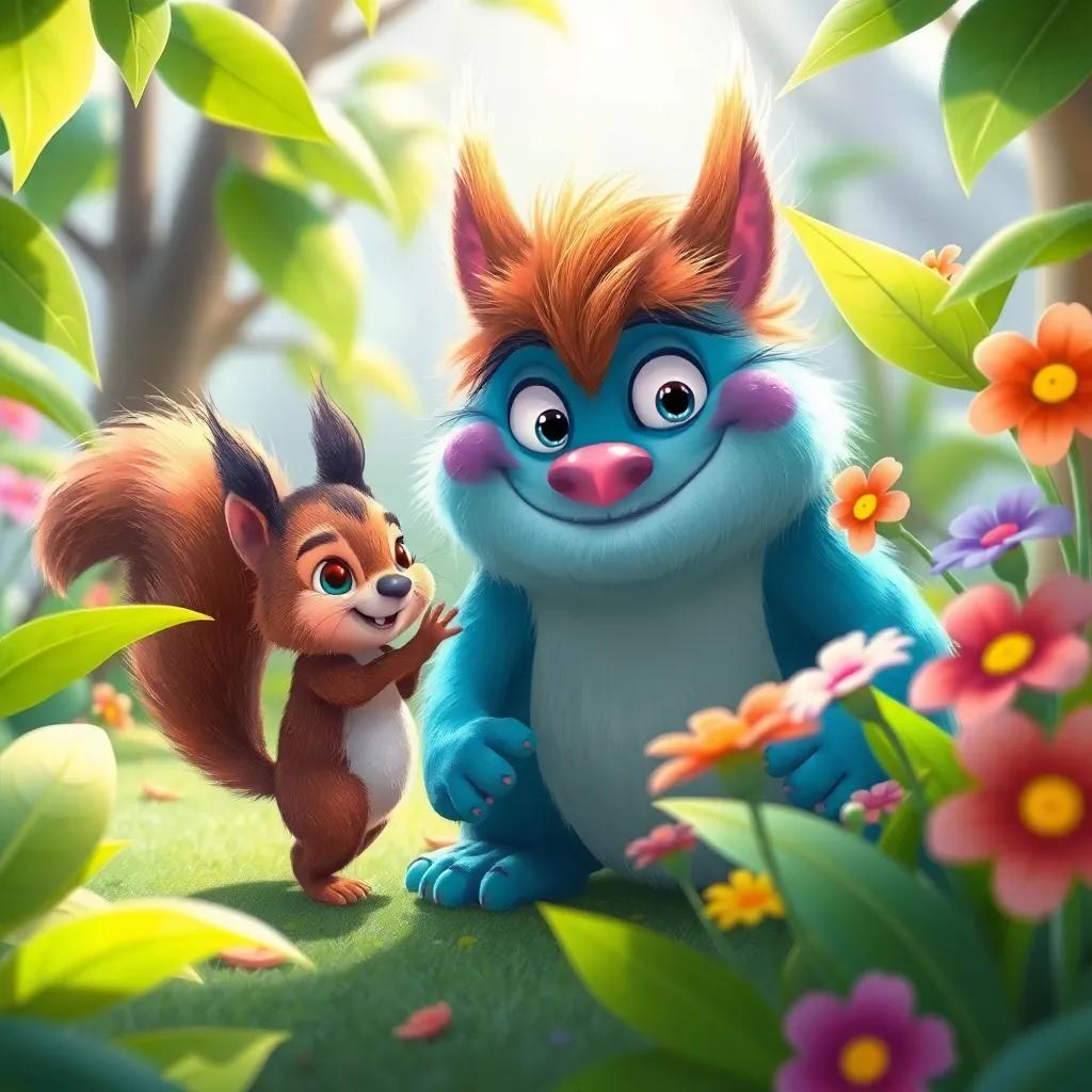 A little squirrel approaching Max the monster with a friendly smile, surrounded by green leaves and colorful flowers, illustration, friendly atmosphere, bright colors, high quality