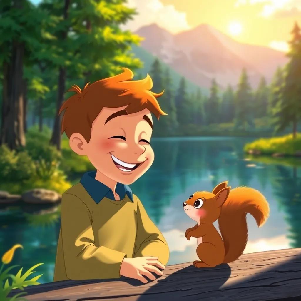 Max sharing his feelings with the little squirrel in a captivating scenario by the lake, smiling kindly, surrounded by trees, sunny day, illustration, vibrant tones, heartwarming