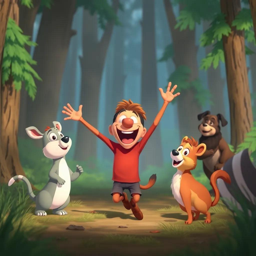 Max returning to the forest, exuberantly expressing his joy to the animals who previously ran away, wondering as they approach cautiously, illustration, cheerful and inviting, colorful