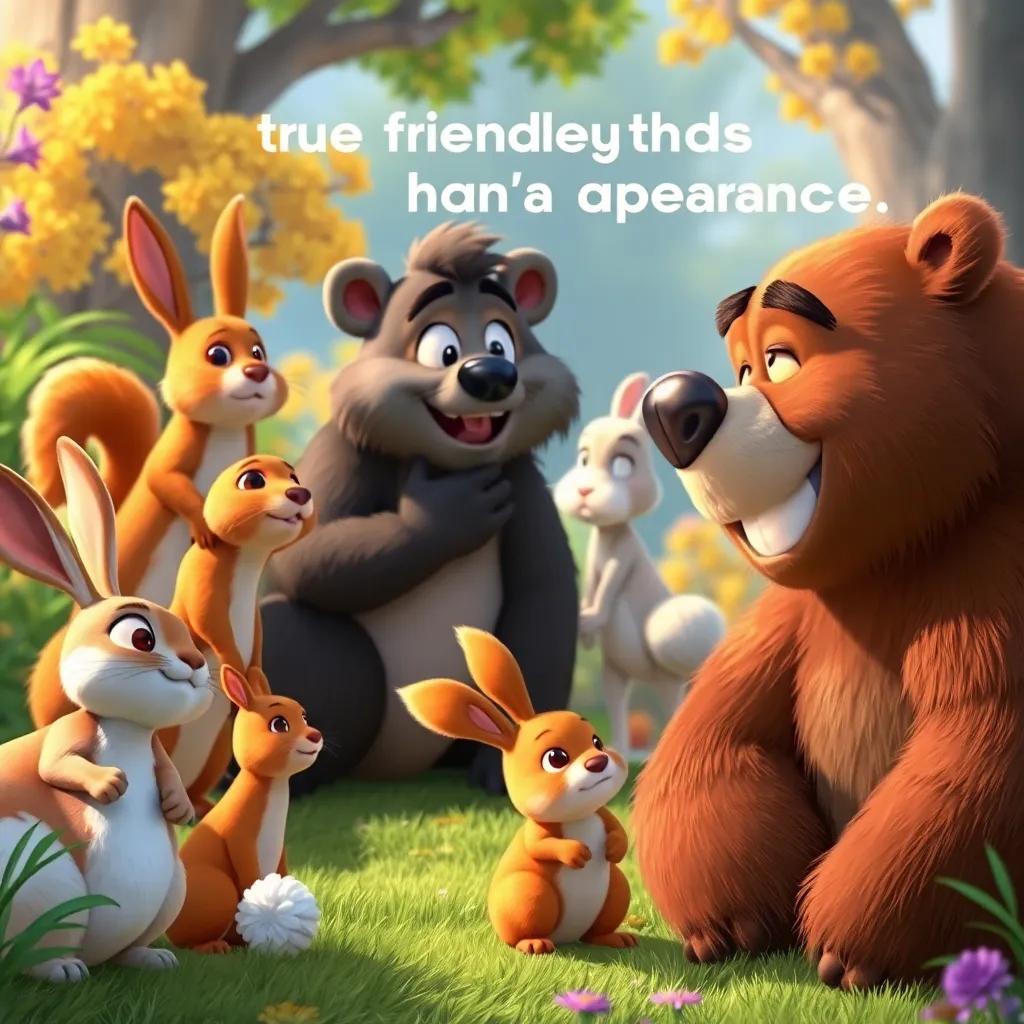 Animals, including rabbits, squirrels, and a bear, observing Max smiling happily, realizing that true friendship has no appearance, digital art, colorful surroundings, heartwarming atmosphere, high quality