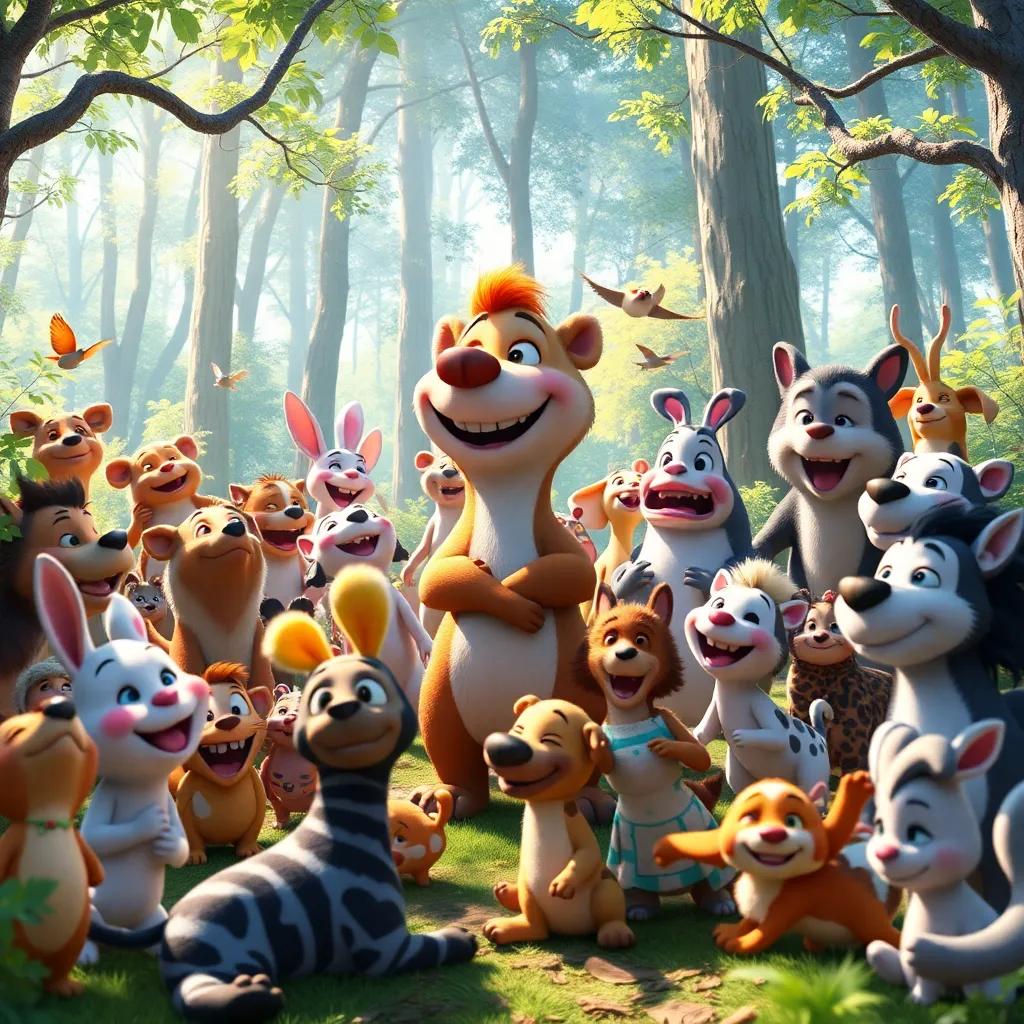 Max surrounded by all the animals happily playing together in the forest, laughter and joy all around, colorful scenery, bright sunlight, engaging and heartwarming, high quality