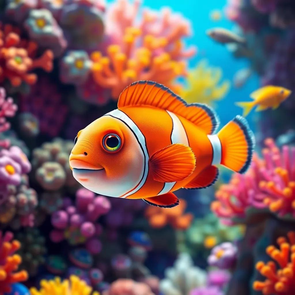 A small clown fish, Pipo, with bright orange and white stripes, swimming in a vibrant coral reef surrounded by colorful corals and other fish, digital art, cheerful scene, bright colors, inviting atmosphere, high quality