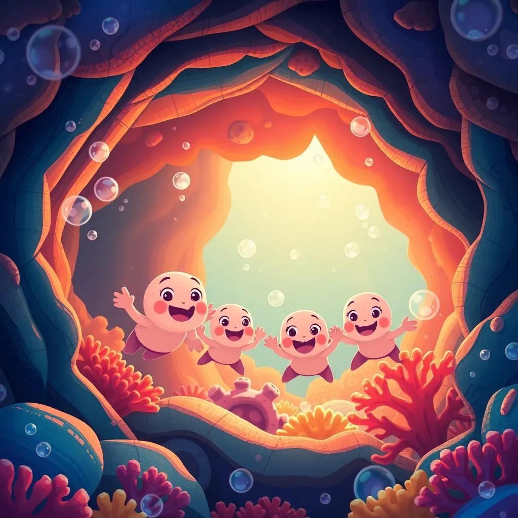 Pipo and his siblings exploring a coral cave, happily swimming inside the colorful cave with bubbles around them, warm light, vivid colors, joyful, child-friendly illustration