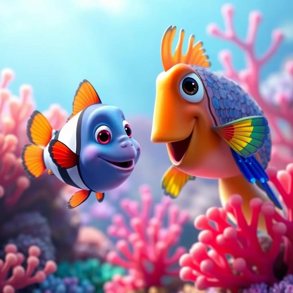 Pipo, a small clown fish, meeting Lalo, a friendly parrotfish, with vibrant scales, in a bright coral garden, underwater scene, lively colors, cheerful friendship, high quality
