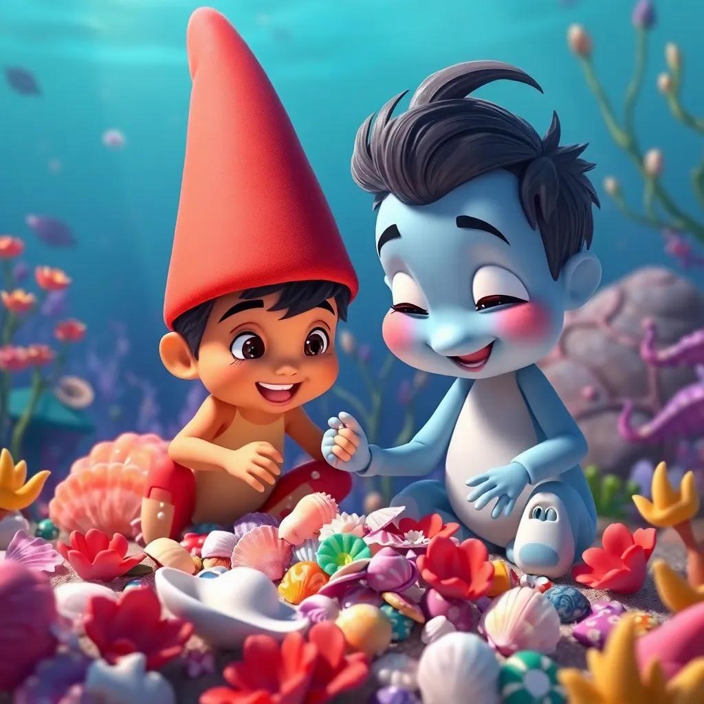 Pipo preparing a surprise for his family, gathering seashells and flowers with Lalo, excitement in the underwater garden filled with colors, detailed digital art, colorful, cheerful atmosphere