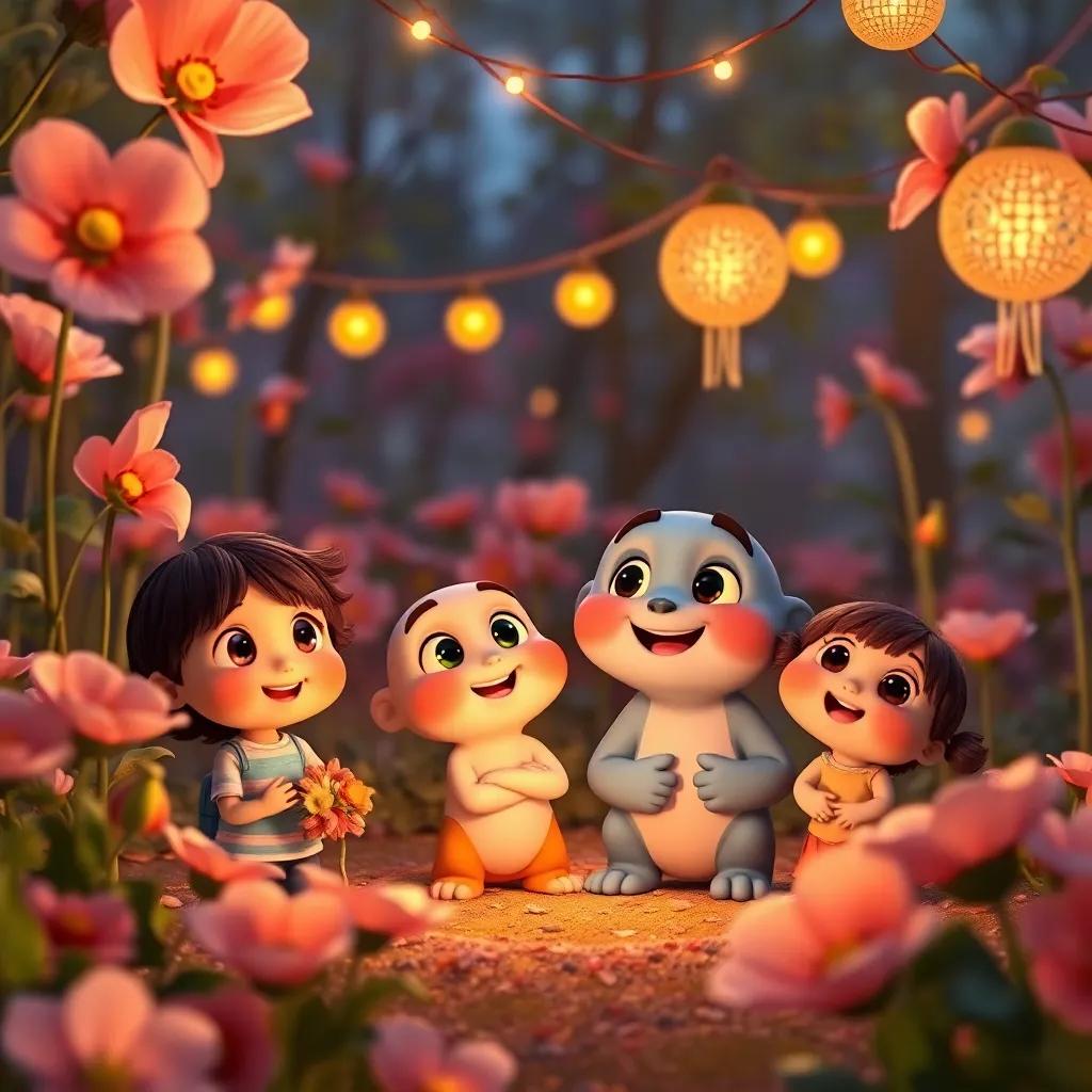 Pipo and his family in the anemone garden, looking surprised and happy with decorations all around, a heartwarming family gathering, warm light, bright colors, uplifting imagery