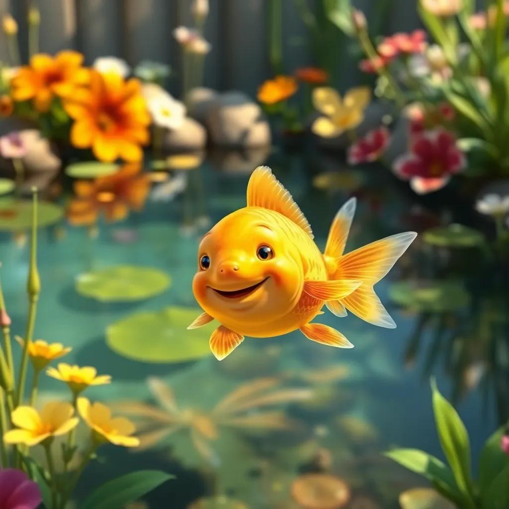 A small golden fish swimming joyfully in a beautiful pond, surrounded by plants and colorful flowers, vibrant colors, cheerful atmosphere, digital art, high quality