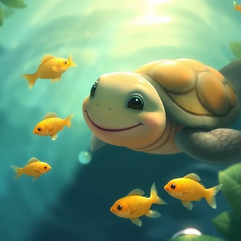 A wise turtle with a friendly smile, swimming alongside the small golden fish, in a serene pond, light filtering through the water, calming blues and greens, illustration, warm light, inviting detail