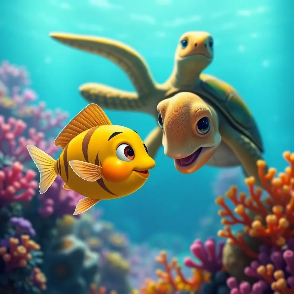 The small golden fish courageously facing a spiky fish, with the wise turtle encouraging him from behind, underwater scene, colorful coral, dynamic movement, fantasy style, vibrant colors