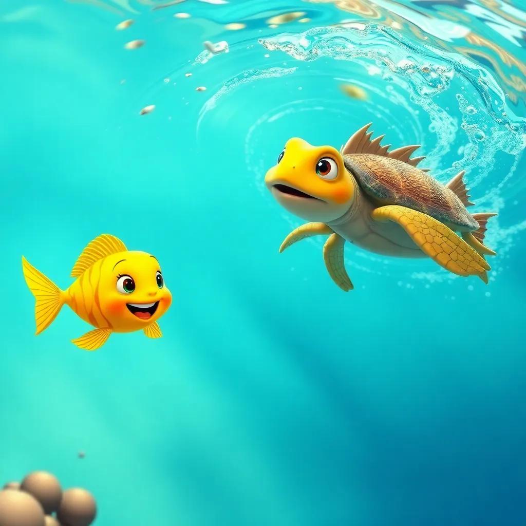 The small golden fish and the turtle swimming away as the spiky fish swims away in fear, the water swirling around them, cheerful atmosphere, bright and colorful, engaging perspective, joyful