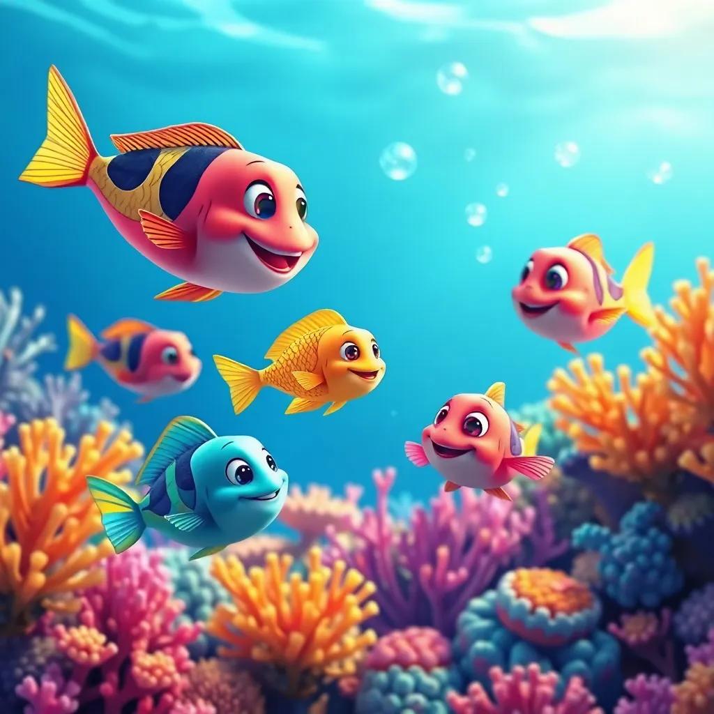 A group of playful fish around a colorful coral reef, with the small golden fish joining in, bubbles floating, joyful scene, bright colors, happy ocean life