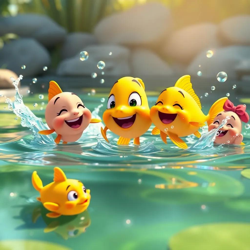 The small golden fish and its new friends laughing and playing in the water, splashes and bubbles flying, sunlit pond, friendly characters, bright colors and joyful expressions, playful