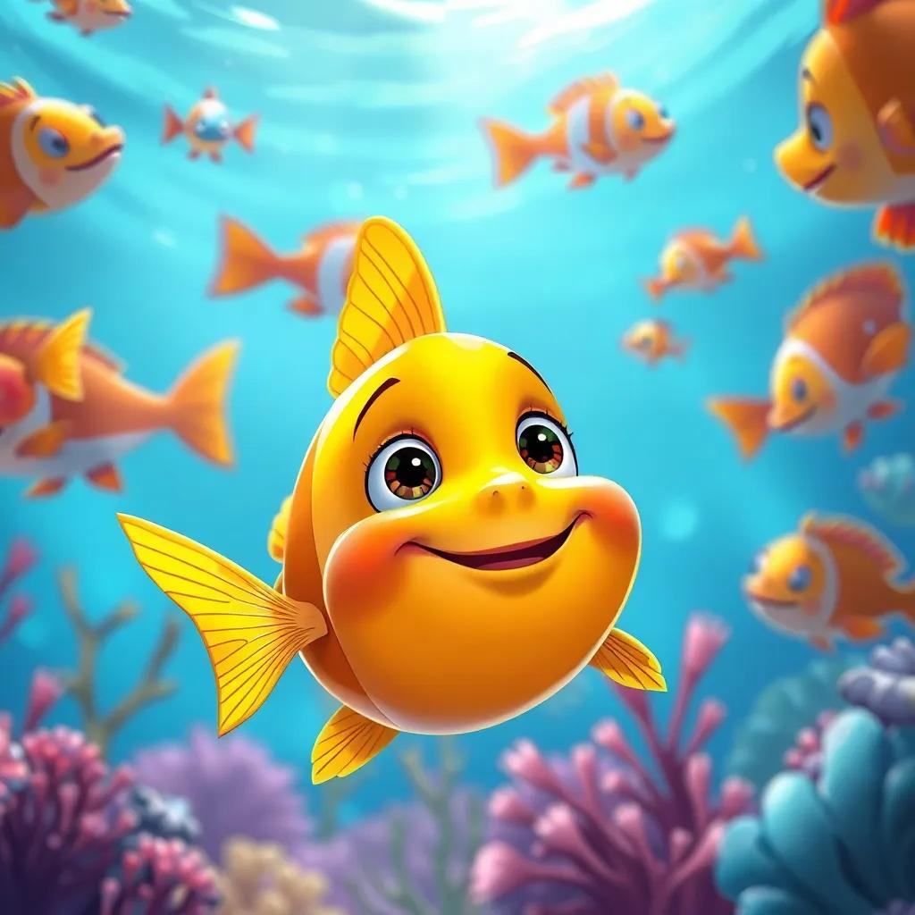 The small golden fish looking excited, surrounded by its friends, preparing to go back home, underwater scenery, friendly environment, vibrant and warm, cheerful colors, storytelling illustration
