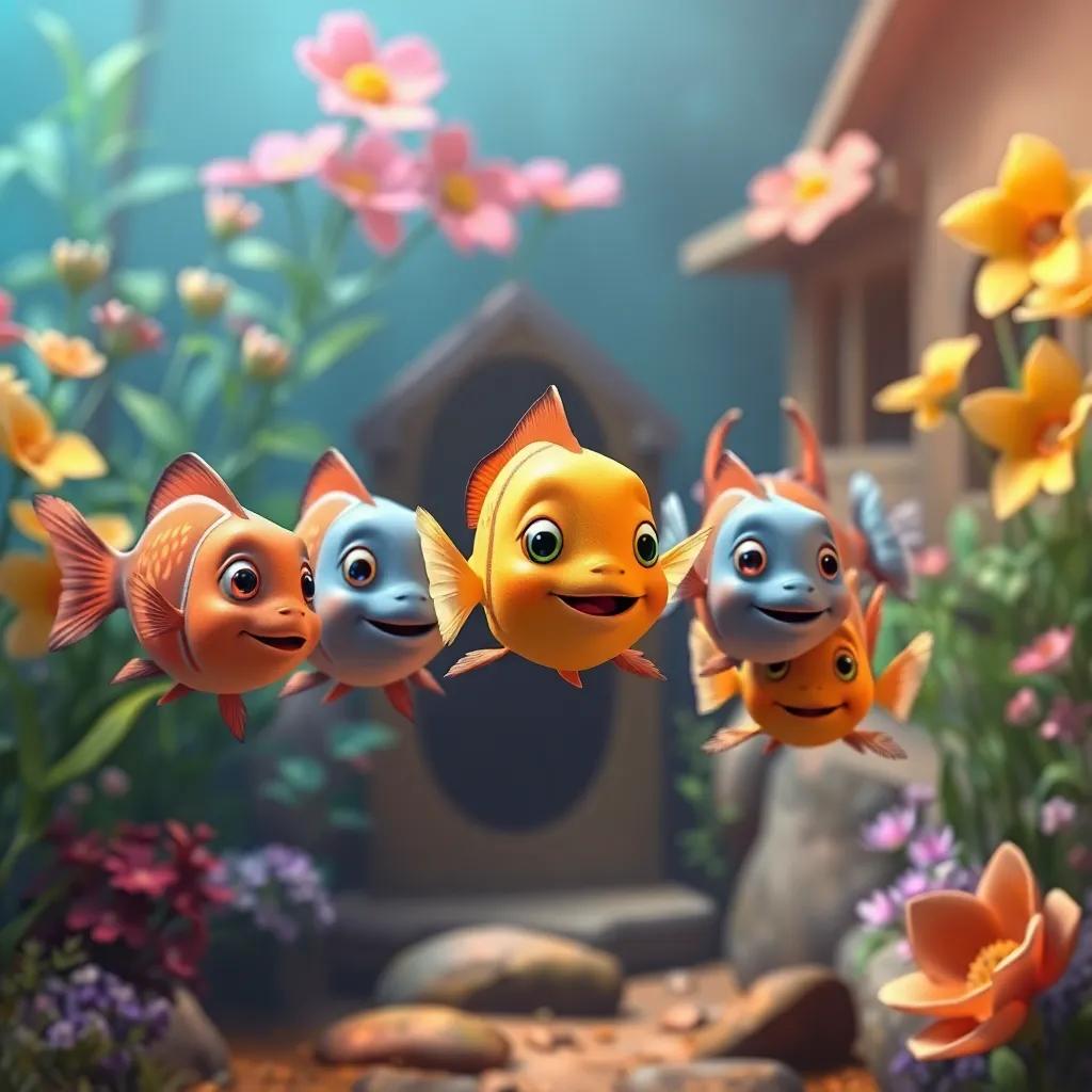 The group of fish swimming together towards the small golden fish's home, with beautiful plants and flowers in the background, sense of adventure, friendly atmosphere, engaging imagery