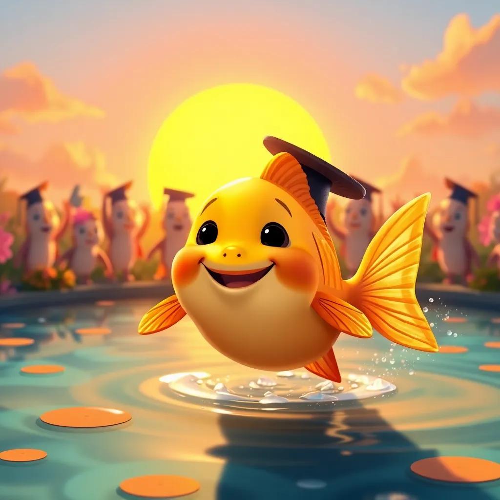 The small golden fish happily returning home, with its friends waving goodbye, a warm sunset behind them, colorful pond, joyful and heartwarming scene, bright tones, emotional graduation