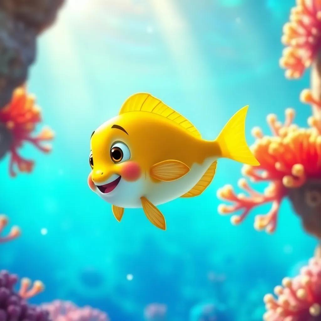A small golden fish named Oros swimming in a bright ocean with colorful corals, sunlight filtering through the water, cheerful and vibrant atmosphere, digital art, warm colors, inviting scene, high quality