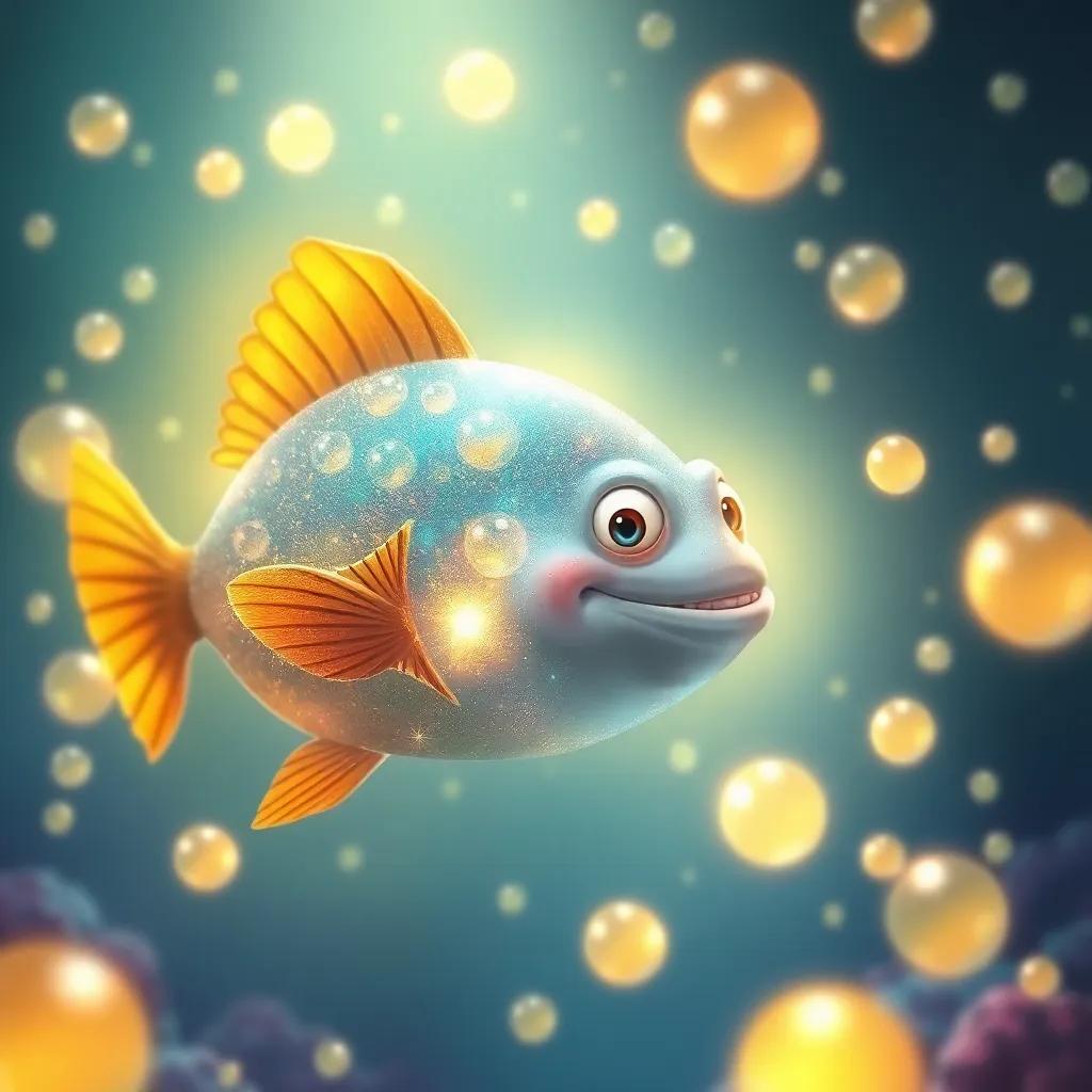 A magical large fish with sparkling scales appearing before Oros, surrounded by glowing bubbles, underwater light shining brightly, whimsical style, magical atmosphere, detailed illustration