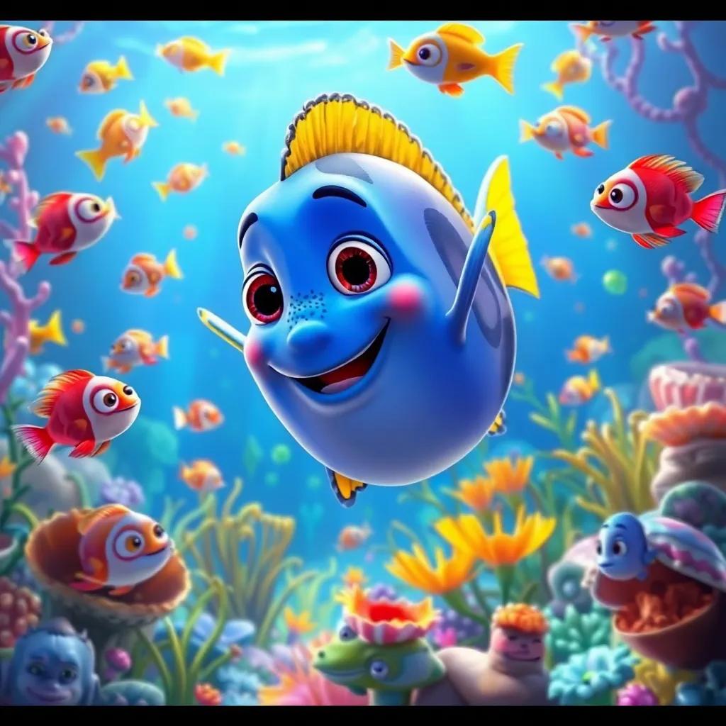 Oros wishes to help other fish, surrounded by happy fish swimming, beautiful underwater scenery filled with plants and shells, bright and colorful, joyful subject