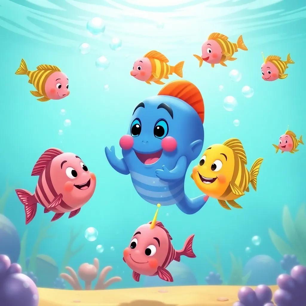 Oros teaching swimming tricks to his friends, playful fish swimming in circles and bubbles, cheerful ocean background, colorful and lively scene, friendly tone, illustration