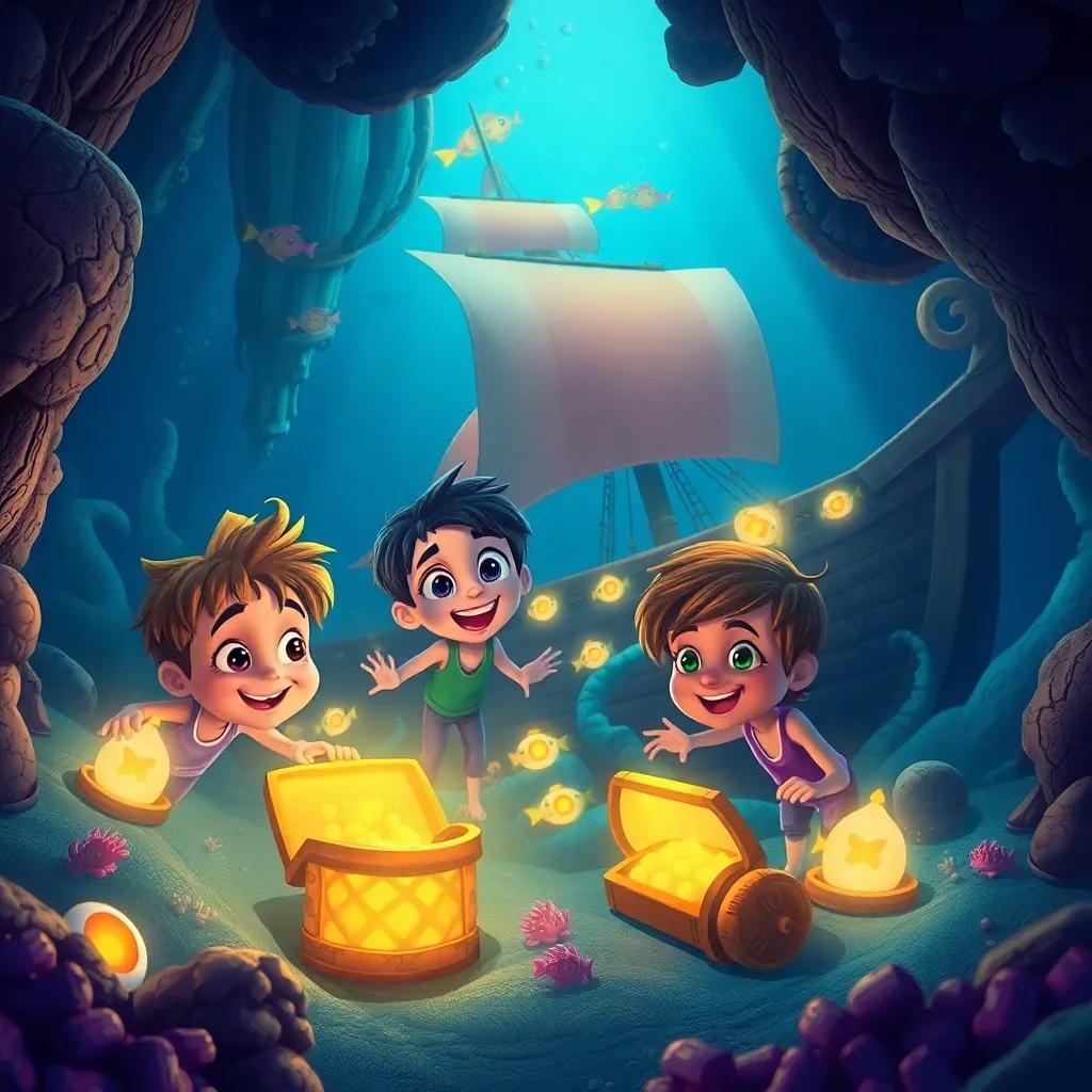 Oros and his friends discovering a sunken ship filled with treasures, curious expressions on their faces, underwater adventure setting with glowing treasures and fish, vibrant colors, fantasy style